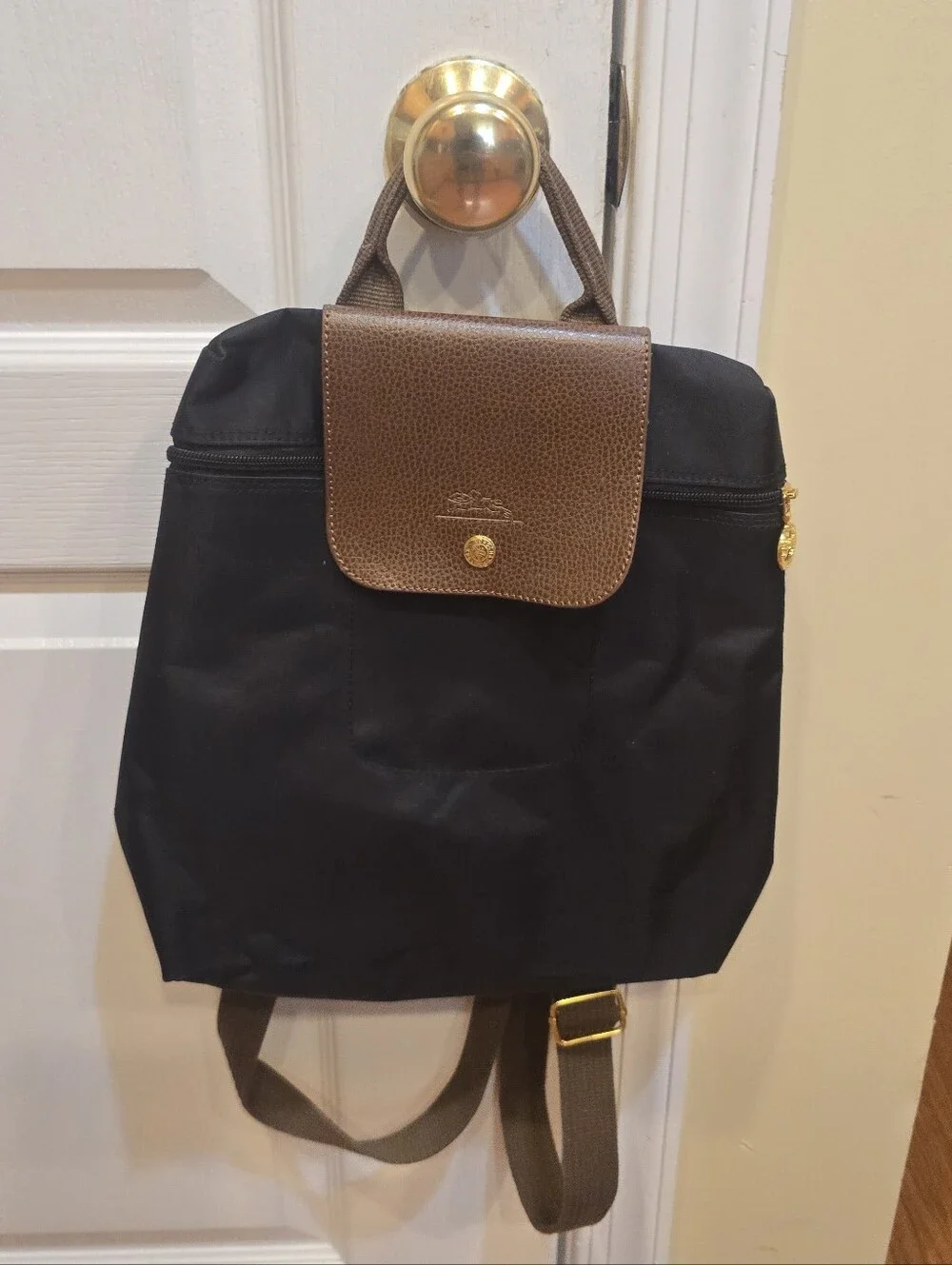 Longchamp Le Pliage Black Backpack Brown Trim Gold Hardware